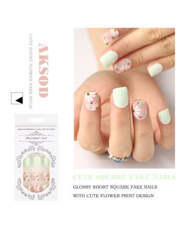 Aksod Green Flower Print Short Press on Nails - 24Pcs (Style A) - Buy Online on GoSupps.com