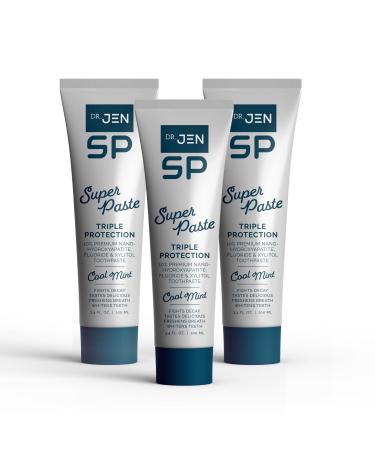 Dr. Jen Super Paste/Toothpaste with Fluoride +10% Nano-Hydroxyapatite Travel Toothpaste for Teeth Whitening & Sensitive Teeth Care (Pack of 3 Cool Mint) Mint 3.4 Ounce (Pack of 3)