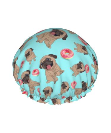 Donuts Pug Shower Cap Waterproof Luxury Shower Caps for Women Reusable Bath Hair Cap Fashion Shower Hat with Elastic Easy to Wear Suitable for Long Short Curly Hair Color 3