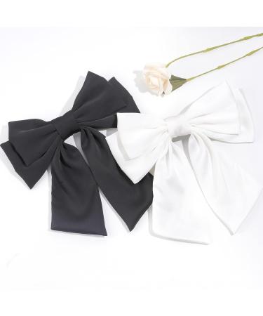 2Pcs Big Satin Layered Hair Bows for Women Girls - 8 Inch Large Hair Clip Barrette French Style Hair Accessories in White and Black - Buy Online on GoSupps.com