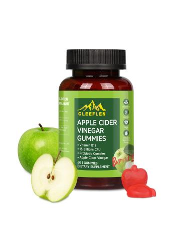 CLEEFLEN Apple Cider Vinegar Gummies with Vitamin B12 and Probiotics Supports Digestive Health Detox Cleanse Immune Boost Gluten-Free Suitable for Vegetarians 60 Gummies