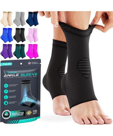 Modvel Foot & Ankle Brace Socks for Sprained Ankle Compression Sleeve - Ankle Support for Women & Men - Tendonitis & Arthritis Ankle Brace Sports Running Torn Ligaments & Women E Black Medium