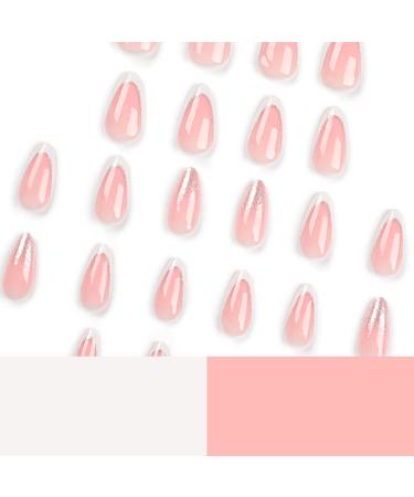 Shop Mouyouglow Short Almond Press On Nails - Nude Pink & White French Silver Glitter | Artificial Fingernails with Nail Glue - Buy Online on GoSupps.com
