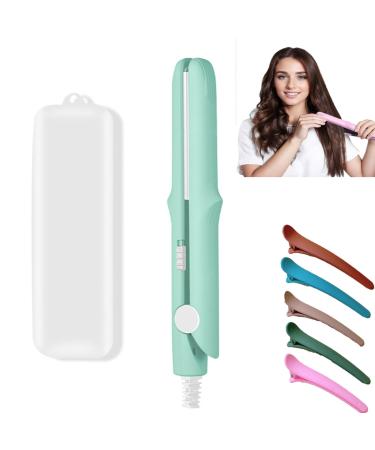2-in-1 Travel Curling Iron 1 Piece Mini Curling Iron Hair Straightener with Storage Box and 5 Hair Clips Portable Curling Wand Suitable for All Hair Types for Women (Color : Blue)