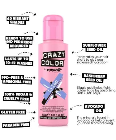Crazy Color Pastel Lilac Semi-Permanent Hair Dye - Vegan Formula | Highly Pigmented Blueish Lilac Shade | Nourishing Oil & Conditioning | No Bleach, No Ammonia - 200ml - Buy Online on GoSupps.com