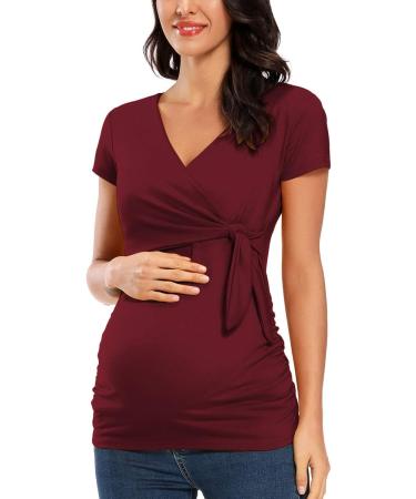 Love2Mi Women Maternity Breastfeeding Top | Long Sleeve V-Neck | Cute Maternity Clothes | Wine Red - Short Sleeve - Buy Online on GoSupps.com