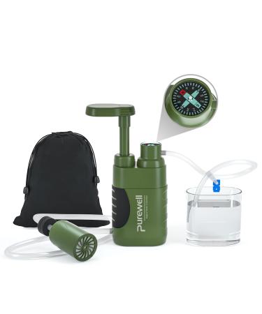 Purewell Water Purifier Pump with Replaceable Carbon 0.01 Micron Water Filter, 4 Filter Stages, Portable Outdoor Emergency and Survival Gear - Camping, Hiking, Backpacking 1-Green