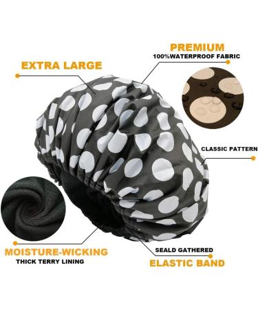 Terry Cloth Lined Waterproof Shower Cap for Women - Reusable Double Layer Bath Cap with Dry Hair Function - Black and White Dots Design - Buy Online on GoSupps.com