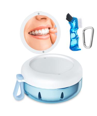 Denture Bath Case Denture Cup Leak Proof Portable Retainer Case Denture Cleaning Kit with Cleaner Brush Carabiner Denture Box with Strainer & Mirror Denture Case for Aligner Retainer Mouth Guard Blue