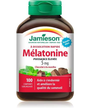 Jamieson Melatonin 5 mg Extra Strength - Chocolate Mint Flavour Fast Dissolving Tablets 100 Count (Pack of 1) & Chewable Vitamin D3 1 000 IU - Natural Tangy Orange 100 Count (Pack of 1) - Buy Online on GoSupps.com