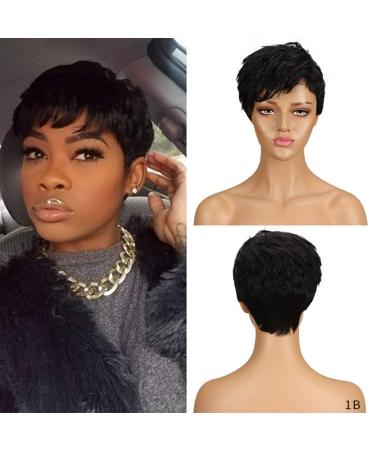 D but real hair wig for women short pixie wig brazilian virgin hair 9 inch 76 g (9 inch 1b: black) 22.86 cm (1 Pack) black