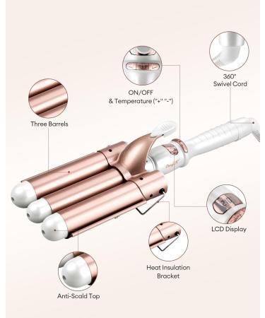 CkeyiN 3 Barrel Hair Waver 32mm - Professional Hair Crimper for Long Hair - 16 Temperatures Adjustable - Fast Heating Curling Wand - Rose Gold - Buy Online on GoSupps.com