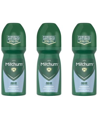 Mitchum Roll-On Antiperspirant and Deodorant for Men Unscented 3.4 Fluid Ounce (Pack of 3)