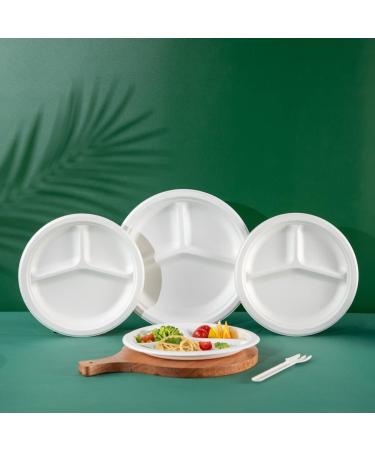 SUT 3 Compartment Plates Disposable 100-Pack - 9 Inch Heavy-Duty White Paper Plates | Biodegradable & Made of Natural Sugarcane Fibers - Buy Online on GoSupps.com