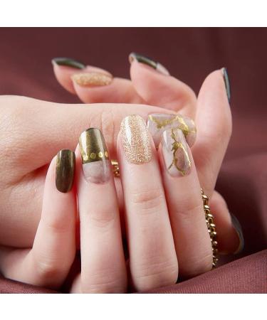 Zinipin Gellight Semi-Cured Gel Nail Strips | 36 Nail Wraps | Includes Nail Wipes Cuticle Stick & Nail File | Gold Foil Neutral Glitter Marble (Juniper Khaki) - Buy Online on GoSupps.com