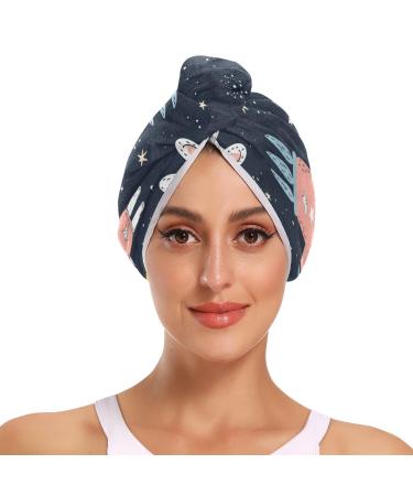 Space Rabbit Astronauts Hair Towel 2 Pack Super Absorbent Hair Drying Towel Quick Dry Hair Turbans Head Towel with Button Twisty Wrap for Women Girls
