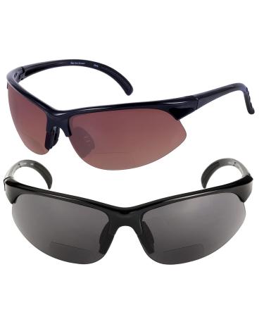 2 Pair of Bifocal Sport Wrap Reading Sunglasses, Outdoor Sun Readers for Men and Women - 2 Microfiber Carrying Cases Included Black/High Definition Amber 1.75 x