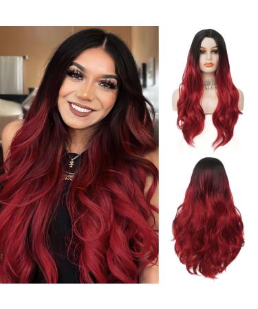 Siudus women red long curly wavy wigs natural ombre black to red middle part hair wig for halloween cosplay use black red - Buy Online on GoSupps.com