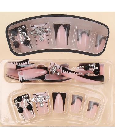 Buy BABALAL Duck Nails - Black French Tip Press-On Acrylic Nails with Star Planet Rose Charm - 24 Pcs Punk Goth Style | International Shipping - Buy Online on GoSupps.com