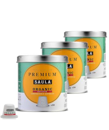 SAULA PREMIUM Saula Coffee Pack of 3 jars of 60 compostable capsules. 100% organic intense coffee. Nespresso compatible.