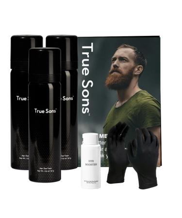 True Sons Hair Dye Foam for Men - Natural Look Multi-Use Dye Kit with Instant Color Booster Applicator - Dark Brown - Pack of 3