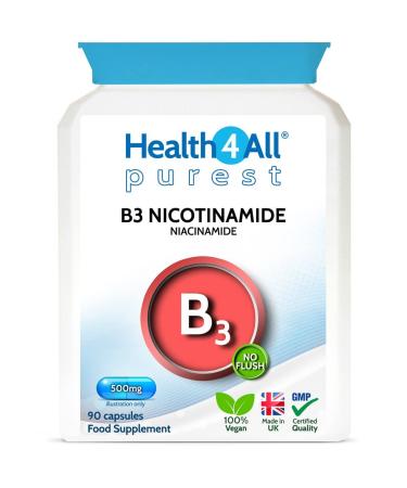 Vitamin B3 Nicotinamide (Niacinamide) 500mg 90 Capsules (V) Vegan. No-Flush Niacinamide. Made in The UK by Health4All 90 count (Pack of 1)
