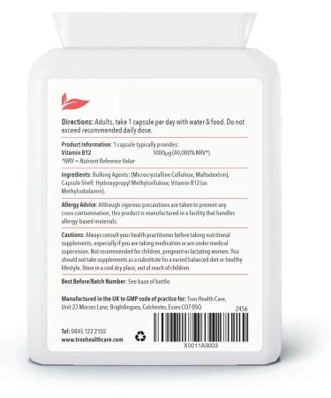 High Strength Vitamin B12 Methylcobalamin Supplement 1mg - 120 Easy Swallow Capsules - Energy & Nervous System Support - UK Manufactured to GMP Standards - Buy Online on GoSupps.com