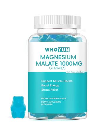 Whoyun Magnesium Malate Gummies 1000mg Enhanced Absorption Magnesium Chewables Supplement with Malic Acid for Energy Boost & Muscle Health 60 Count