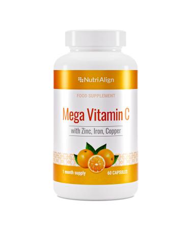 Nutri-Align Mega Vitamin C 1000mg Fortified with Zinc Iron and Copper. Powerful Immune System Boost. Sugar-Free Gluten-Free. 60 Capsules - 1 Month Supply.