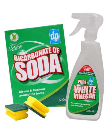 Bicarbonate of Soda for Cleaning with Pure White Vinegar Spray Powerful Natural Cleaning Products with 2 Scourers - Bi Carb Baking Soda Bundle