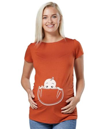 HAPPY MAMA. Women's Maternity Baby in Pocket Print T-Shirt Top Tee Shirt. 501p 12-14 Rust