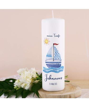 Striefchen Personalized Baptism Candle for Boys - Custom Name Date & Saying - 8x25 cm Sailing Ship Design | International Shipping - Buy Online on GoSupps.com