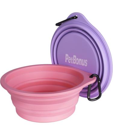 Petbonus Foldable Dog Bowl Set - 2 Portable silicone Water & Food Bowls for Dogs - Leak-Proof Travel Bowls with Carabiners (600ml Violet & Pink) - Buy Online on GoSupps.com