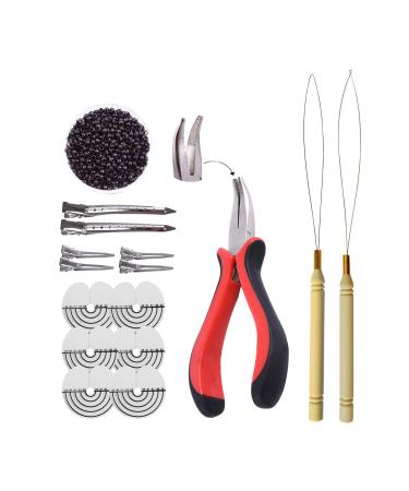 Hair Extensions Kit: I-tip Hair Pliers Pulling Needle Loop Threader and 500 Pieces 2.5mm Hair Extension Nano Beads Rings (Dark Brown)