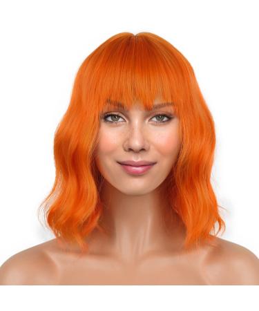 LANICE Short Bob Wigs with Bangs for Women Loose Wavy Hair Shoulder Length Orange Wigs Synthetic Colorful Wigs for Cosplay Daily PartyUse(Orange 12inch)
