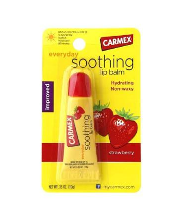 Carmex Strawberry Flavor Everyday Soothing Lip Balm SPF 15 Tube 0.35 oz (Pack of 3) 0.35 Ounce (Pack of 3)