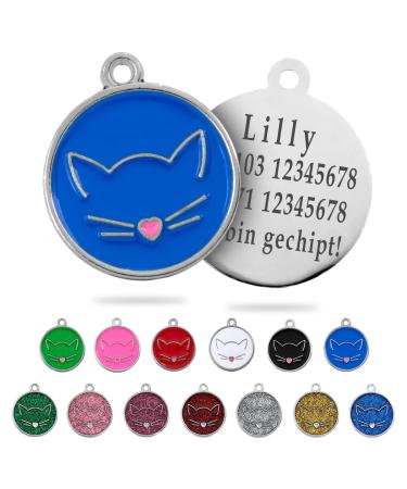 Ibera Gifts - Personalized cat brand for medium to large cats in a round form with cat with engraving name collar brand address trailer cat necklace (blue) Blu