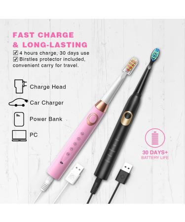 Dnsly Electric Toothbrush 2 Pack with 10 Brush Heads - Travel Rechargeable Sonic Toothbrush for Adults and Kids - 30 Day Battery Life - 2 Minute Timer - Black and Pink - Buy Online on GoSupps.com