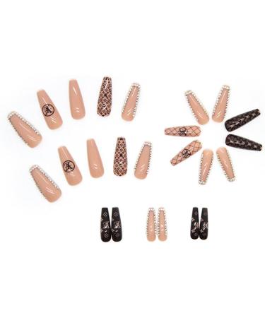 JUSTOTRY 24 Pcs Brown French Press On Nails with Diamond - Long Ballerina Stick On Nails for Women - Acrylic Coffin Fake Nails Medium - Nail Art Glue Included - Buy Online on GoSupps.com