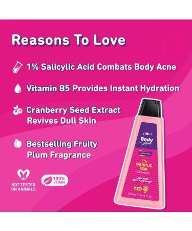 Pl.um BodyLovin Active-witty Body Wash | 1% Salicylic Acid + Vitamin B5 | Hydrating Shower Gel for Body Acne & Dull Skin | Fruity Fragrance | 250 ml - All Skin Types - Buy Online on GoSupps.com