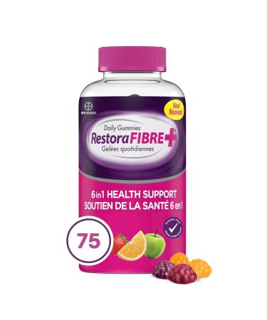 RestoraFIBRE+ 6 in 1 Daily Prebiotic Fibre Supplement Gummies for Adults Supports Health Benefits including Regularity Gentle Constipation Relief & Healthy Immune Function with Naturally Sourced Inulin (75 ea)