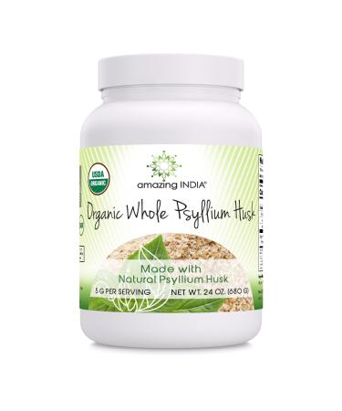 Amazing India USDA Organic Whole Psyllium Husk Powder Supplement | 5 Grams Per Serving | Non-GMO | Gluten Free | Made in USA (24 Oz | 1 Pack)
