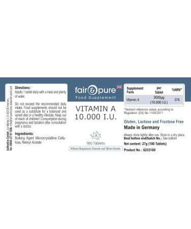 SoMatEm Fair & Pure vitamin A tablets 10000 IE 180 pieces 3000 g per tablet vegan food supplement without additives produced in Germany - Buy Online on GoSupps.com