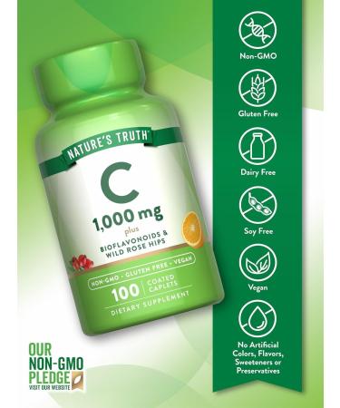 Nature's Truth Vitamin C 1000 Mg Plus Bioflavonoids & Wild Rose Hips Coated Caplets - 100 Ct Pack of 3 - Buy Online on GoSupps.com