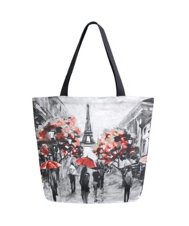ZzWwR Trendy Painting Romantic Paris Street Eiffel Tower Extra Large Canvas Shoulder Tote Top Storage Handle Bag for Gym Beach Weekender Travel Reusable Grocery Shopping