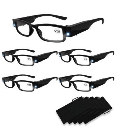 Reading Glasses Bright LED Readers with Lights Reading Glasses Lighted Magnifier Nighttime Reader Compact Full Frame Eyewear Clear Vision Unisex Clear Vision Lighted Eye Glasses 5PCS (Black +250) Black +250