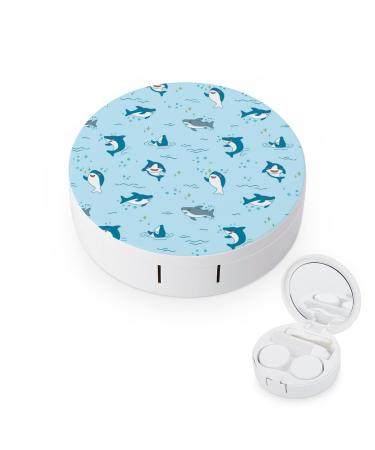 Cute Funny Sharks Round Case For Contact Lens Kit Storage Box with Mirror Printed