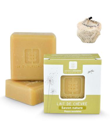 Goats Milk Soap bar - 20% Fresh Organic Milk - Sensitive Skin Acne Eczema - Face and Body Soap Handmade in France - Coconut Oil - Free: Oeko-tex Cotton Washing Bag - ZERO WASTE