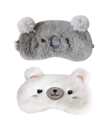 EleCharm 2 Pack Cartoon Animal Sleep Mask Soft Plush Blindfold Eye Masks Eye Cover for Women Girls Travel Nap Night Sleeping (2-Pack Koala Bear))