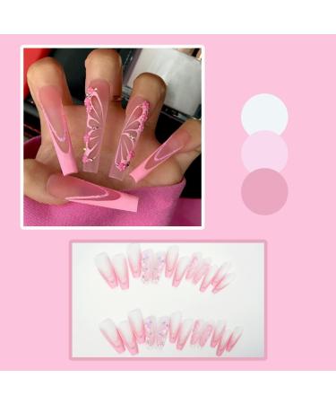 Justotry 24 Pcs Floral False Nails - Pink Butterfly French Press On Nails | Diamond Ballerina Stick On Nails for Women - Medium Acrylic Coffin Fake Nails with Glue for Nail Art - Buy Online on GoSupps.com